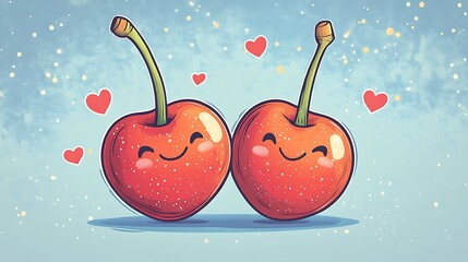 Two cartoon cherries with playful winks, bright red with green stem, smiling faces, floating in a pastel blue background with doodle hearts and sparkles. Bold outlines, flat colors, vector art,