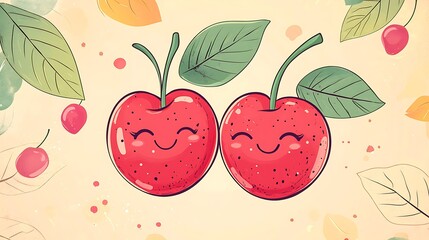 Two cartoon cherries with playful winks, bright red with green stems, hanging over a doodle background of pastel leaves and swirls, light pastel backdrop. Bold outlines, vector illustration,