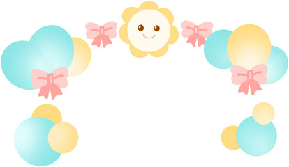 꽃 장식과 리본과 풍선으로 현수막을 주변을 꾸민 사랑스러운 현수막 일러스트. 가로 현수막 글 삽입 이미지