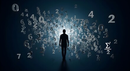 Silhouette Figure Amidst a Chaotic Swarm of Numbers