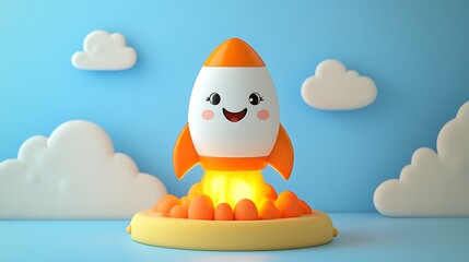 Zoomie the Rocket blasting off from a doodle launchpad, smiling face, thumbs-up, bright orange flames below, set against a light blue sky with pastel clouds. Bold outlines, vector illustration,