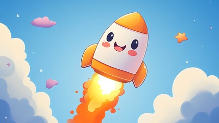 Zoomie the Rocket blasting off from a doodle launchpad, smiling face, thumbs-up, bright orange flames below, set against a light blue sky with pastel clouds. Bold outlines, vector illustration,