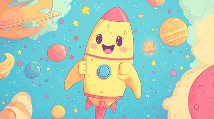 Zoomie the Rocket floating in zero gravity, arms stretched out, smiling with thumbs-up, colorful doodle planets and stars in background, soft pastel space colors. Bold outlines, vector art,