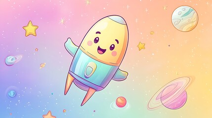 Zoomie the Rocket floating in zero gravity, arms stretched out, smiling with thumbs-up, colorful doodle planets and stars in background, soft pastel space colors. Bold outlines, vector art,