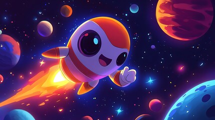 Zoomie the Rocket flying through outer space, big cartoon eyes, smiling mouth, arms showing a thumbs-up, surrounded by doodle planets and stars, dark blue and purple background. Bold outlines,