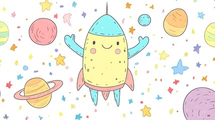 Zoomie the Rocket floating in zero gravity, arms stretched out, smiling with thumbs-up, colorful doodle planets and stars in background, soft pastel space colors. Bold outlines, vector art,