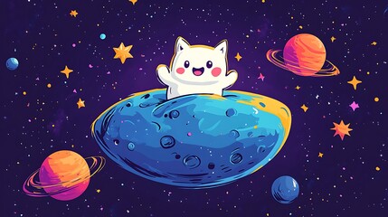 Zoomie the Rocket surfing on a doodle asteroid, smiling with thumbs-up, surrounded by doodle stars and planets, dark blue pastel space background. Bold outlines, vector art, clean linework,