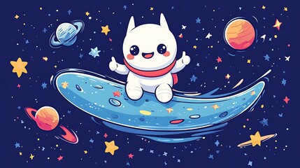 Zoomie the Rocket surfing on a doodle asteroid, smiling with thumbs-up, surrounded by doodle stars and planets, dark blue pastel space background. Bold outlines, vector art, clean linework,