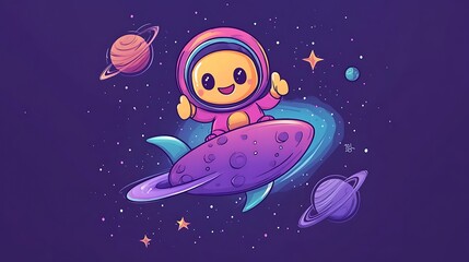 Zoomie the Rocket surfing on a doodle asteroid, smiling with thumbs-up, surrounded by doodle stars and planets, dark blue pastel space background. Bold outlines, vector art, clean linework,