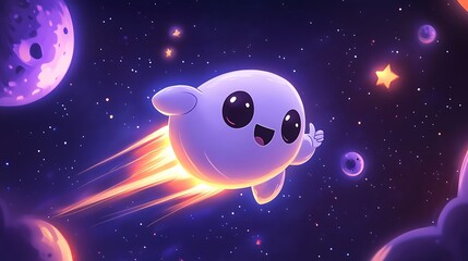 Zoomie the Rocket zipping past doodle comets, cartoon eyes wide with excitement, thumbs-up, set against a dark purple space background with glowing stars. Bold outlines, vector art, clean lines,