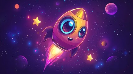 Zoomie the Rocket zipping past doodle comets, cartoon eyes wide with excitement, thumbs-up, set against a dark purple space background with glowing stars. Bold outlines, vector art, clean lines,