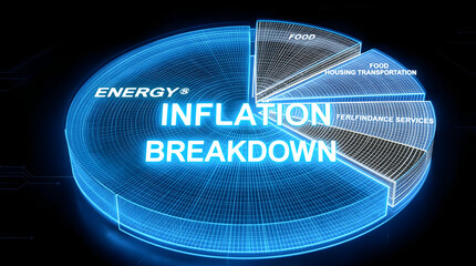 Inflation breakdown pie chart showing energy, food, housing, and transportation costs