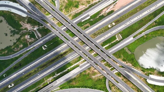 Drone footage aerial view bridge intersection between the highway numbers 290 and 304 Nakhon Ratchasima