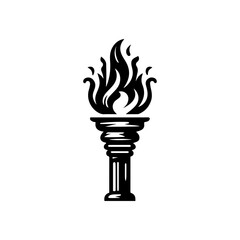 A stylized illustration of a torch with flames, depicted in black and white.