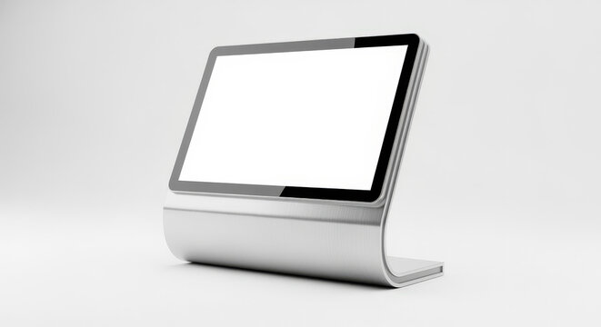 Silver Tablet With Blank White Screen Against Light Gray Background in Studio Lighting
