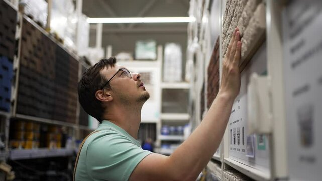 Professional construction worker carefully examining and selecting various tile samples in a busy construction supermarket, making informed decisions for a project