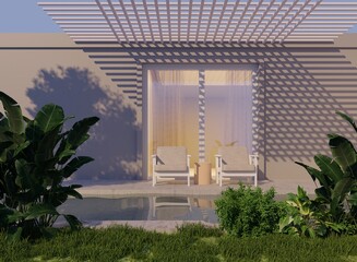 3D rendering of a modern minimalist patio with lounge chairs under a geometric pergola. Soft lighting casts patterned shadows on the wall, creating a serene and elegant outdoor atmosphere.
