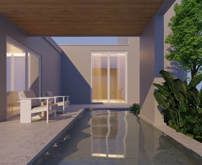 3D rendering of the exterior of a modern minimalist house with a cozy terrace and a small swimming pool, with tropical plants.