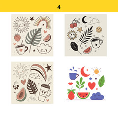 Cute boho style illustrations featuring sun rainbow clouds fruit and coffee cups