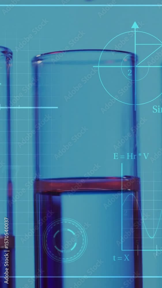 Poster animation of scientific data processing over test tubes in laboratory