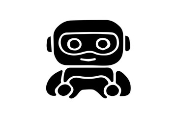 The image is a solid black silhouette of a cartoon-style robot icon set against a white background. The robot has a rounded head with a goggle-like visor featuring two circular eye cutouts