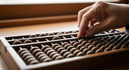 Hand manipulating beads on a vintage wooden abacus for calculations and education