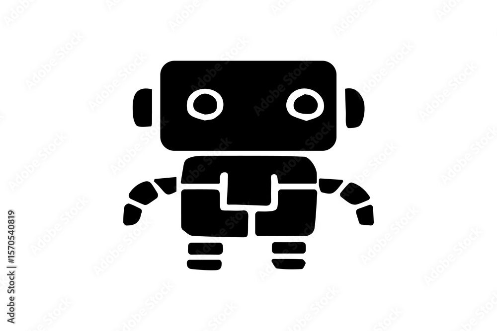 Poster the image shows a solid black silhouette of a cute, simplified robot icon on a white background. the