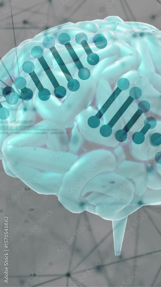 Poster brain animation with dna strand and network connections in background