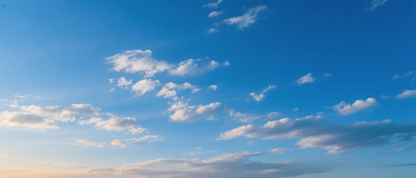 A highly realistic view of a deep blue sky during late afternoon, featuring soft, scattered clouds drifting across the frame.
