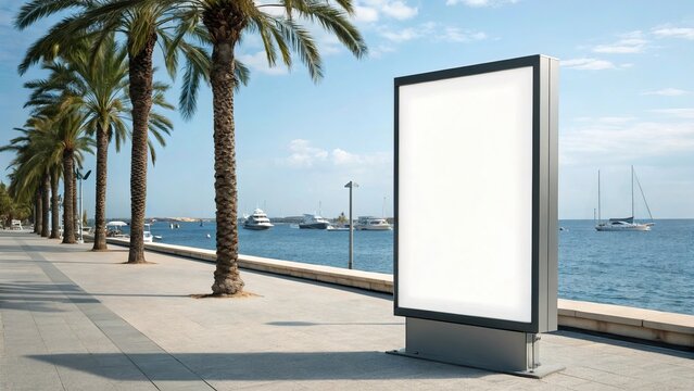 Blank digital billboard on a sunny promenade with palm trees and yachts in the ocean