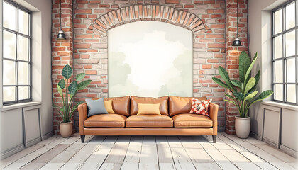 Fototapeta premium Rustic living room with exposed brick wall and comfortable sofa. Represents industrial chic, comfort, or urban loft style. Stylish and cozy.