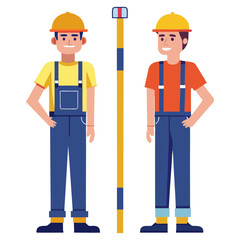 Two construction workers stand ready with surveying equipment