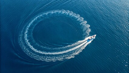 Aerial view of a white speedboat making a circular wake on a deep blue ocean