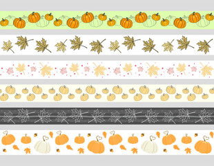 Different ribbons with autumn decor, isolated on a grey background. Collection of various horizontal edging with pumpkins, acorns, oak and maple leaves. Vector set of seamless borders and washi tape 