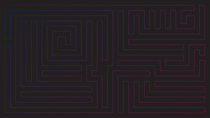 Pink and blue labyrinth pattern lines on black background graphic illustration.