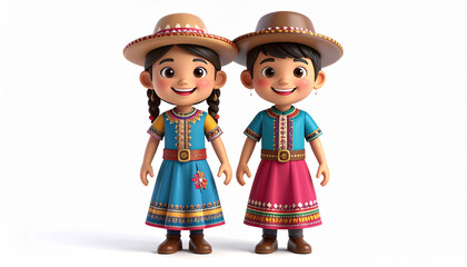 3D Cartoon of Children Smiling in Traditional Clothes with Bright Expressions