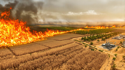 Wildfire engulfs farmland and forest in rural area, with factory in background; illustrating environmental disaster
