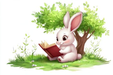 A whimsical white bunny reading a book under a lush green tree in a bright on white background. Generative Ai