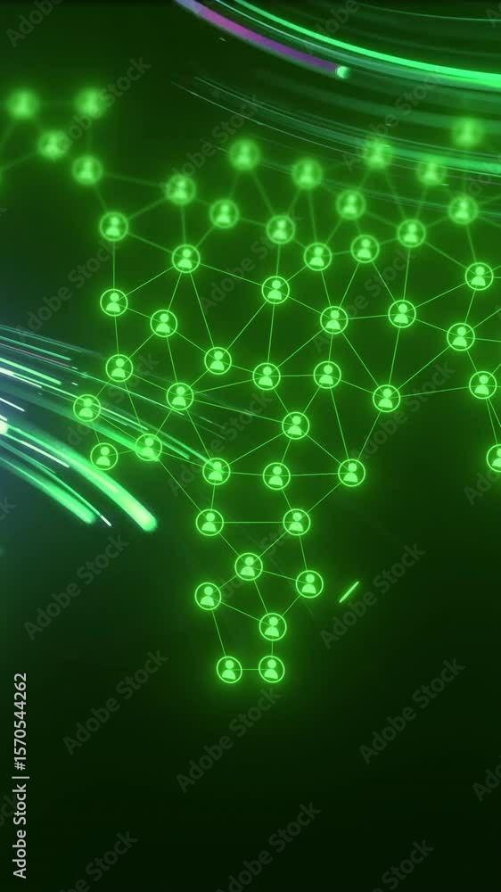 Poster network of connections and data processing animation over world map