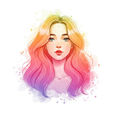 Watercolor Woman Portrait with Rainbow Hair Illustration PNG Transparent