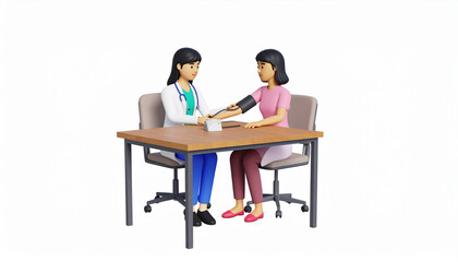 3D Cartoon of Doctor Checking Patient Blood Pressure Using Stethoscope in Clinic

