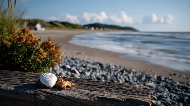 Seashells on driftwood at beach with ocean view
