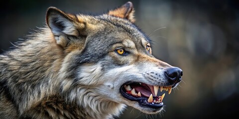 Obraz premium A close-up of a wolf's mouth, showcasing sharp teeth and powerful jaw muscles, radiating fierce energy and primal power, feral animals, forest creatures