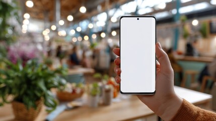 Smartphone held in hand, blurred background of market
