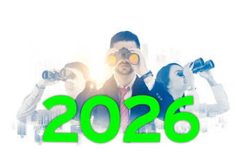 Business Team Looking Into the Future with Binoculars – Vision and Planning for 2026