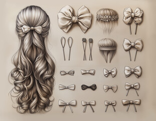 Set of hair clips, hairpins, bows. Hand draw sketch illustration isolated on beige background
