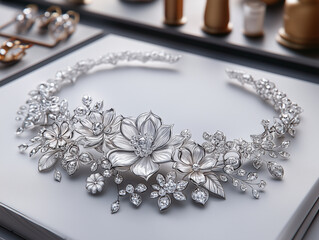 Amazing big white gold flower necklace. Realistic style illustration isolated on white background