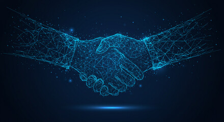 Digital network handshake symbolizing partnership and global connection