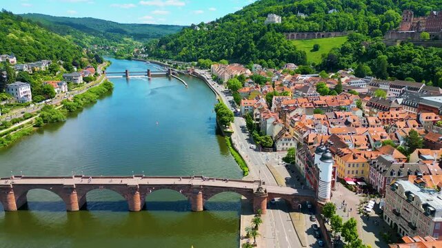 4K Aerial Drone Video of the Historic Old Bridge over the Neckar River in Heidelberg, Germany