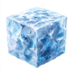 Obraz premium Translucent Blue Ice Cube with Textured Surface on White Background